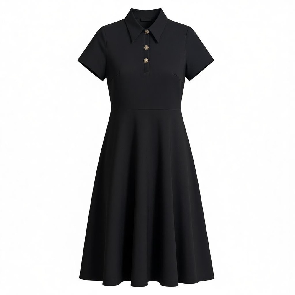 ANLICODE Black Collared Short Sleeve Button Front Midi Dress Women‎ US 4